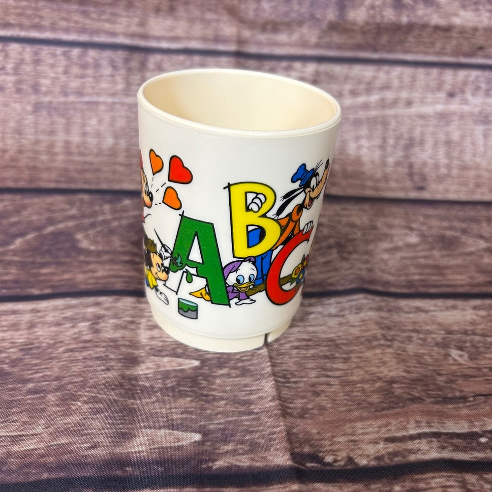 Vintage Superseal Disney Mickey Mouse ABC 123 Plastic Kids Tumbler Cup Cream
